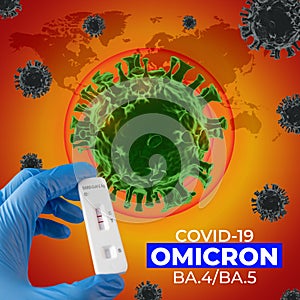 COVID-19 Omicron pandemic, 3D rendering.positive test result with SARS CoV-2 Rapid antigen test kit (ATK)