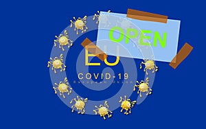 COVID-19  OPEN  advertisement with gummed paper tape. Cartoon. Open EU. Pandemic.