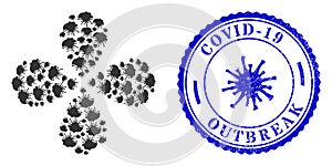 Covid-19 Outbreak Grunge Seal and Coronavirus Man Head Twirl Flower with 4 Petals