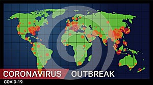 Covid-19 outbreak illustration on a world map with news screen style.