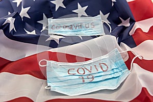 Covid 19 outbreak worldwide. protective mask with text coronavirus on flag of usa