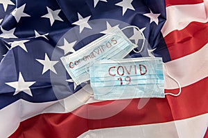 Covid 19 outbreak worldwide. protective mask with text coronavirus on flag of usa