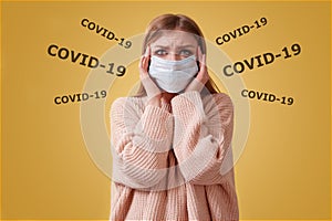 COVID-19, pandemia. Stop coronavirus. Viral infection. Sars Cov 2. Seasonal infections. Shocked woman in medical mask