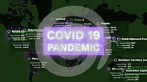 Covid 19 pandemic alert purple tablet on futuristic world map with violet colored infected cities on black mainlands and