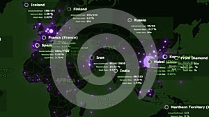 Covid 19 pandemic alert purple tablet on futuristic world map with violet colored infected cities on black mainlands and