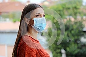 COVID-19 Pandemic Coronavirus Close Up Woman Isolated Home Quarantine Balcony Terrace Surgical Mask Against Coronavirus Disease