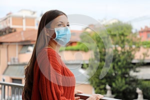 COVID-19 Pandemic Coronavirus Woman Isolated Home Quarantine Balcony Terrace Surgical Mask Against Coronavirus Disease 2019.