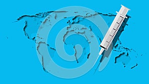 COVID-19 pandemic on the planetary level. Virus, coronavirus. Syringe with needle on the world map. Vaccine.