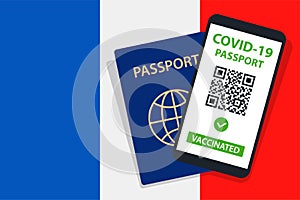 Covid-19 Passport on France Flag Background. Vaccinated. QR Code. Smartphone. Immune Health Cerificate. Vaccination Document.
