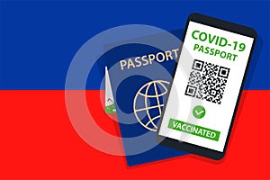 Covid-19 Passport on Haiti Flag Background. Vaccinated. QR Code. Smartphone. Immune Health Cerificate. Vaccination Document.