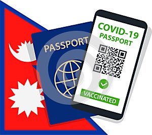 Covid-19 Passport on Nepal Flag Background. Vaccinated. QR Code. Smartphone. Immune Health Cerificate. Vaccination Document.