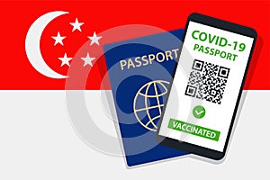 Covid-19 Passport on Singapore Flag Background. Vaccinated. QR Code. Smartphone. Immune Health Cerificate. Vaccination Document.