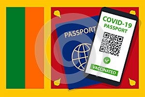 Covid-19 Passport on Sri Lanka Flag Background. Vaccinated. QR Code. Smartphone. Immune Health Cerificate. Vaccination Document.