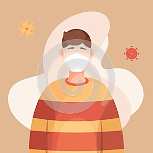 Covid-19, portrait of man in respiratory medical mask, flying virus pathogen around. Spreading virus