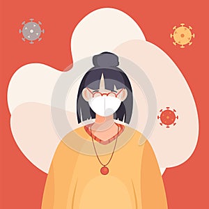 Covid-19 portrait of woman in respiratory medical mask flying virus pathogen around. Spreading virus