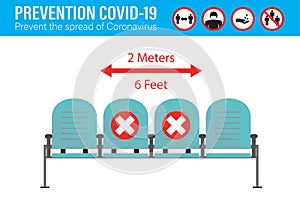 Covid-19 prevention banner template. Row of chairs with prohibited marks, social distancing norms. Coronavirus pandemic