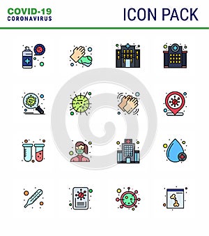 Covid-19 Protection CoronaVirus Pendamic 16 Flat Color Filled Line icon set such as corona, nursing, building, medical, healthcare