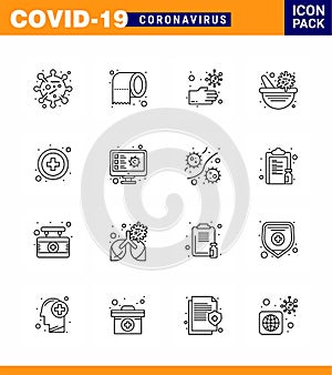 Covid-19 Protection CoronaVirus Pendamic 16 Line icon set such as medical, virus vaccine, bacteria, pharmacy bowl, medicine