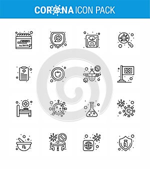 Covid-19 Protection CoronaVirus Pendamic 16 Line icon set such as patient chart, magnifying, management, interfac, devirus