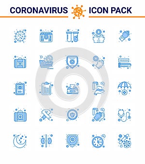 Covid-19 Protection CoronaVirus Pendamic 25 Blue icon set such as glove, medical, time, hygiene, lab