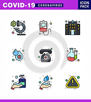 Covid-19 Protection CoronaVirus Pendamic 9 Filled Line Flat Color icon set such as telephone, doctor on call, clinic, platelets,