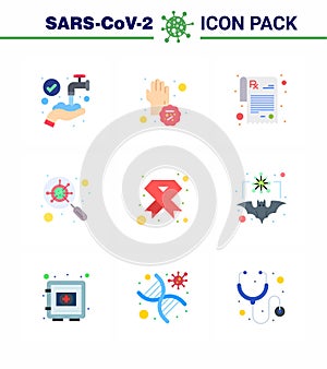 Covid-19 Protection CoronaVirus Pendamic 9 Flat Color icon set such as cancer, magnifying, hands, interfac, devirus