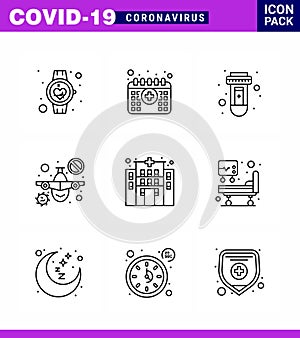 Covid-19 Protection CoronaVirus Pendamic 9 Line icon set such as  building, travel, time, prohibit, virus