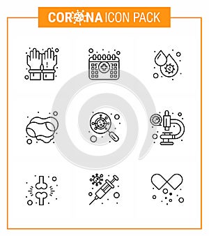 Covid-19 Protection CoronaVirus Pendamic 9 Line icon set such as  devirus, soap, blood, hand, platelets