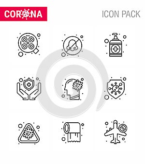 Covid-19 Protection CoronaVirus Pendamic 9 Line icon set such as  ilness, cold, hand, shield, medical