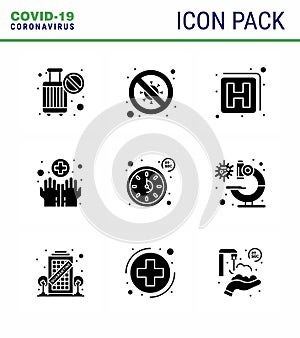 Covid-19 Protection CoronaVirus Pendamic 9 Solid Glyph Black icon set such as clock, medical, scientist, hygiene, sign