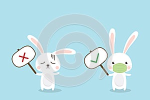 COVID-19 protection infographic concept. Cute Rabbit character wearing and not wearing medical mask to protect against coronavirus