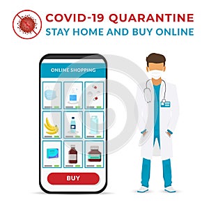 Covid-19 Quarantine. Doctor with face mask and explain stay home and buy online. Idea for coronavirus outbreak