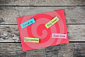 Covid -19 Quarantine Stay home Save lives words on sticky notes