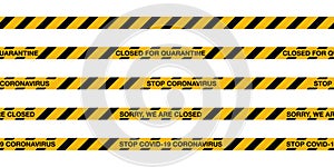 COVID-19 quarantine stripes seamless tape. Warning sign coronavirus quarantine with black stripes