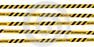 COVID-19 quarantine stripes tape. Warning sign coronavirus quarantine with black stripes. World pandemic alert design