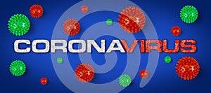 Covid-19 red white lettering with green corona virus bright light grey background. Cornavirus global  outbreak pandemic epidemic