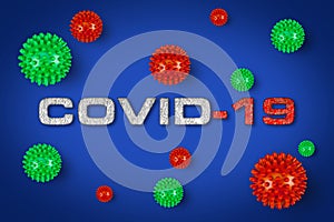 Covid-19 red white lettering with green corona virus bright light grey background. Cornavirus global  outbreak pandemic epidemic