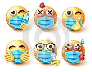 Covid-19 smiley emoji vector set. Emoticons 3d character in new normal safety elements like face masks, alcohol and sanitizer.