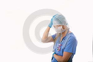 COVID-19 Stressed hopsital nurse healthcare worker during coronavirus or flu pandemic