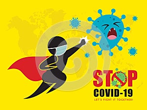 Covid-19 - superhero stick figure man in medical face mask attack coronavirus.