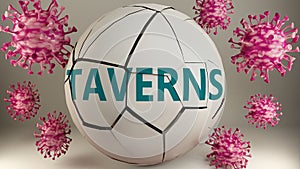 Covid-19 and taverns, symbolized by viruses destroying word taverns to picture that coronavirus pandemic affects taverns in a very