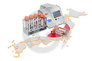 COVID-19 testing in Japan concept. Lab-in-a-box test with nasal swab test tubes on the Japanese map. 3D rendering