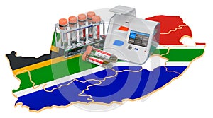 COVID-19 testing in South Africa concept. Lab-in-a-box test with nasal swab test tubes on the South African map. 3D rendering