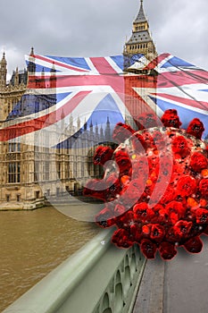 Covid-19 in UK. Big Ben in London with  British Flag and coronavirus Sars-Cov-2.