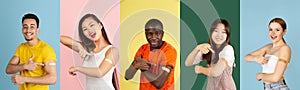 Covid-19 vaccination. African, asian, caucasian men and women posing isolated on light studio background. Collage with