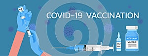 COVID-19 vaccination concept, medical flu shot of doctor hands wearing glove with syringe with needle