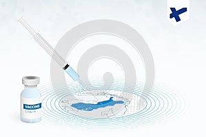 COVID-19 vaccination in Finland, coronavirus vaccination illustration with vaccine bottle and syringe injection in map of Finland