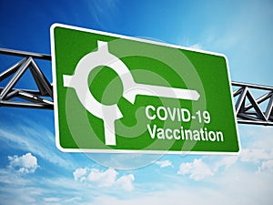 Covid-19 vaccination on the next exit roa sign. 3D illustration