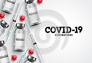 Covid-19 vaccination vector background. Covid19 coronavirus vaccine bottles and syringe injection