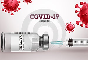 Covid-19 vaccination vector banner. Covid19 coronavirus vaccine bottle and syringe injection